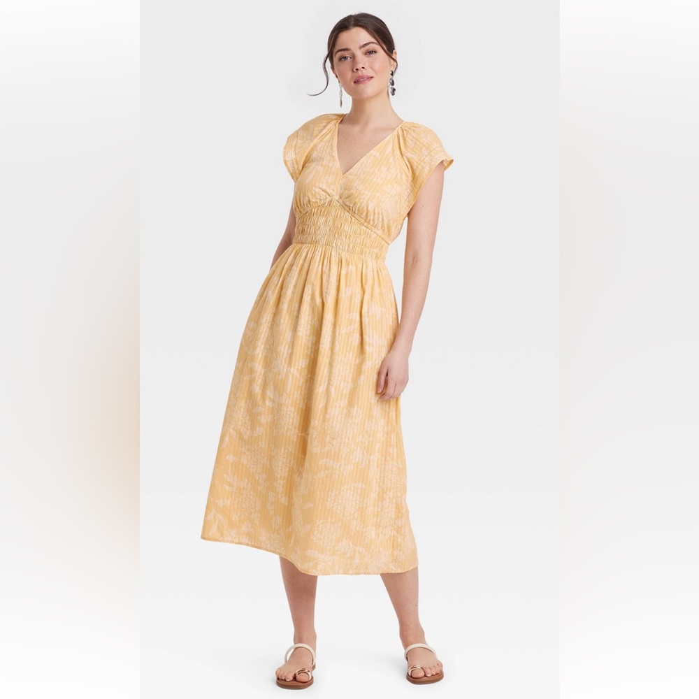 Short Sleeve Smocked Midi A-Line Dress - Yellow Floral-  XXL
